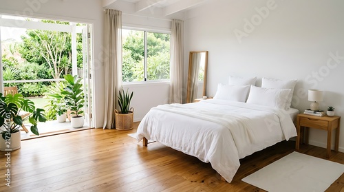 Bright Modern Minimalist Bedroom Interior with White Bedding, Wooden Floor, and Lush Greenery View