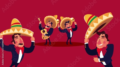 Mexican mariachi musicians animation with traditional costumes and instruments for cinco de mayo celebration.
