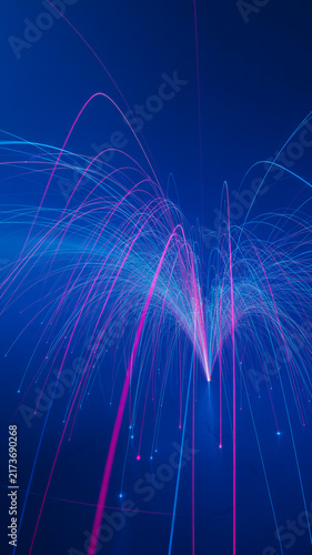 Dynamic vertical fountain of sparkling blue and pink fiber optic light trails with fountain vertical connection abstract firework explosion