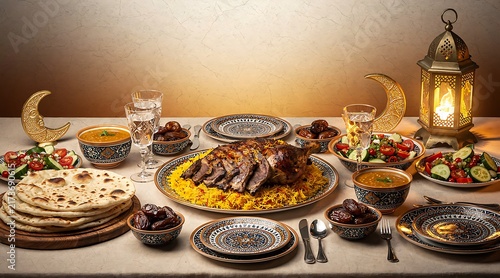 Traditional Middle Eastern Feast for Ramadan Iftar with Roasted Meat, Saffron Rice, Dates, and Lantern