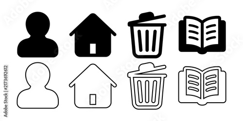 A collection of simple black and white vector icons representing user profile home trash and book concepts