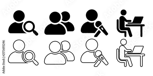 A collection of black and white user interface icons representing various professional and social communication activities
