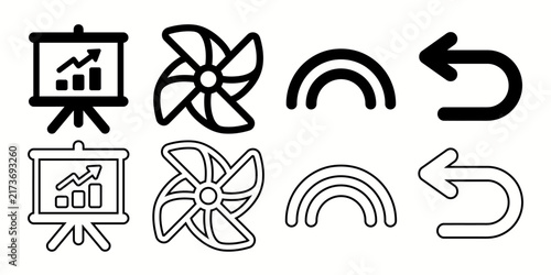 A collection of simple hand drawn style icons featuring charts fans rainbows and return arrows in two styles