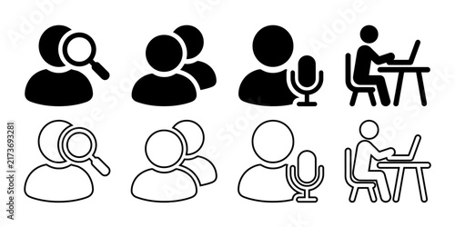A collection of black and white vector icons representing various human activities and professional communication settings