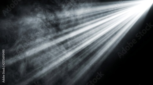 Dark dramatic light rays shining through smoke. Cinematic god rays beam concept illustration background abstract texture with fog and dust particles.