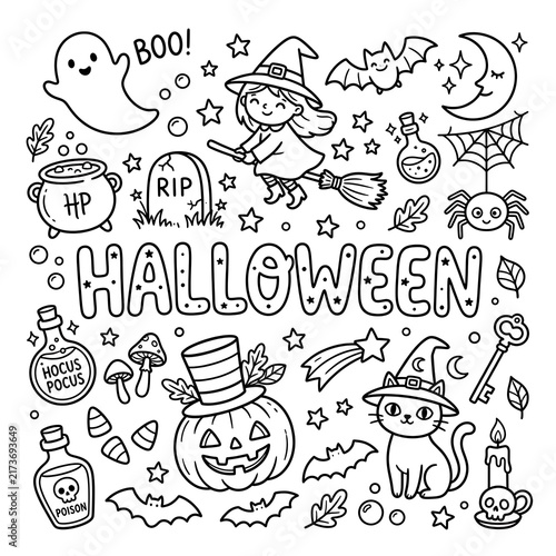 Cute Halloween Coloring Page with Little Witch, Pumpkin, Ghost and Spooky Elements for Kids