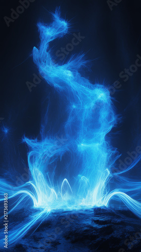 Blue spiritual flame rising upward in a vertical abstract composition with vertical abstract mystical electric background wallpaper ethereal