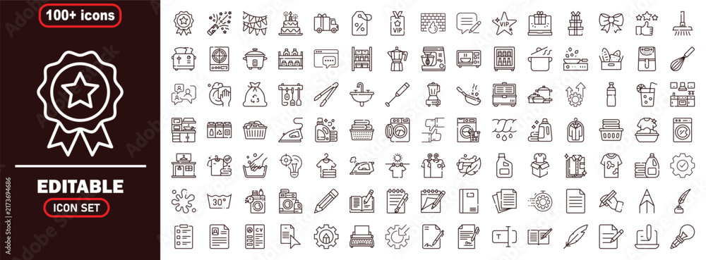 Fototapeta premium Large collection of over one hundred thin line vector icons for laundry cleaning and household chores