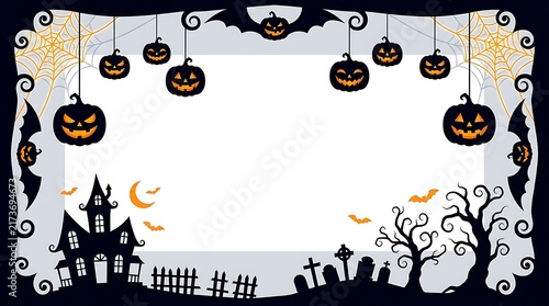Halloween border illustration with hanging carved pumpkins haunted house and spooky cemetery