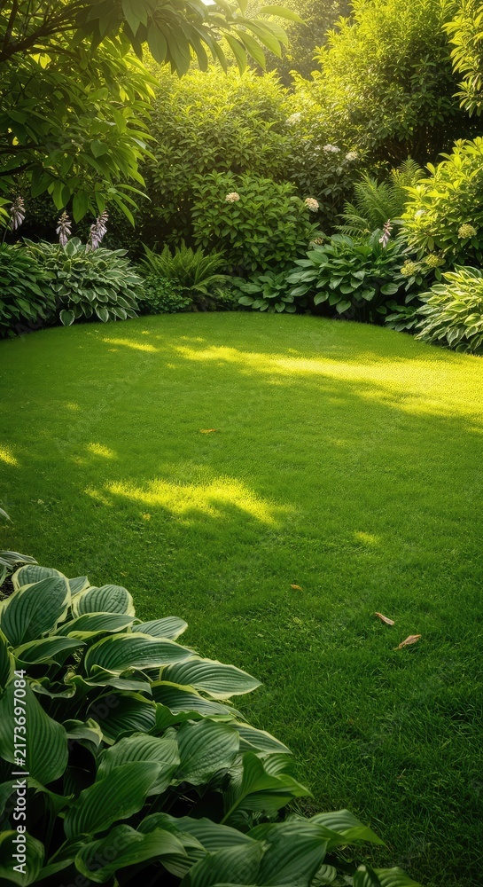 Obraz premium A vibrant green summer garden filled with lush foliage and dappled sunlight, featuring a large open grassy area perfect for copy space, leaf, park, botanical