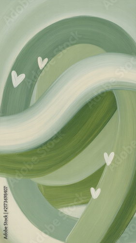 Abstract green painted artwork with swirling brush strokes and small white hearts abstract painting brushwork creative illustration background