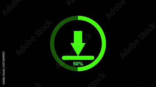 Green download progress indicator with a downward arrow and 100 percent completion shown within a circular progress bar on a black background.