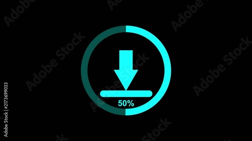 Cyan download progress indicator with a downward arrow and 100 percent completion shown within a circular progress bar on a black background.
