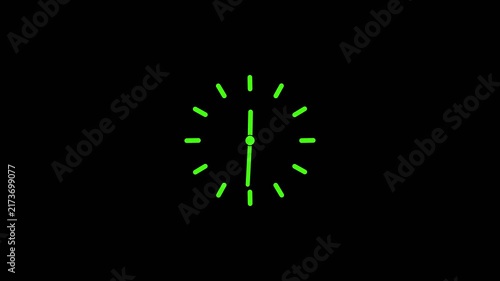 Green clock face with hour and minute hands pointing a black background stock.