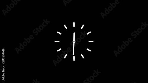 Minimalist white clock face with simple hour markers and hands indicating approximately one o'clock against a stark black background representing time passing or a.