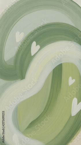 Abstract vertical green art background with wavy brush strokes and white hearts vertical background abstract painting creative illustration
