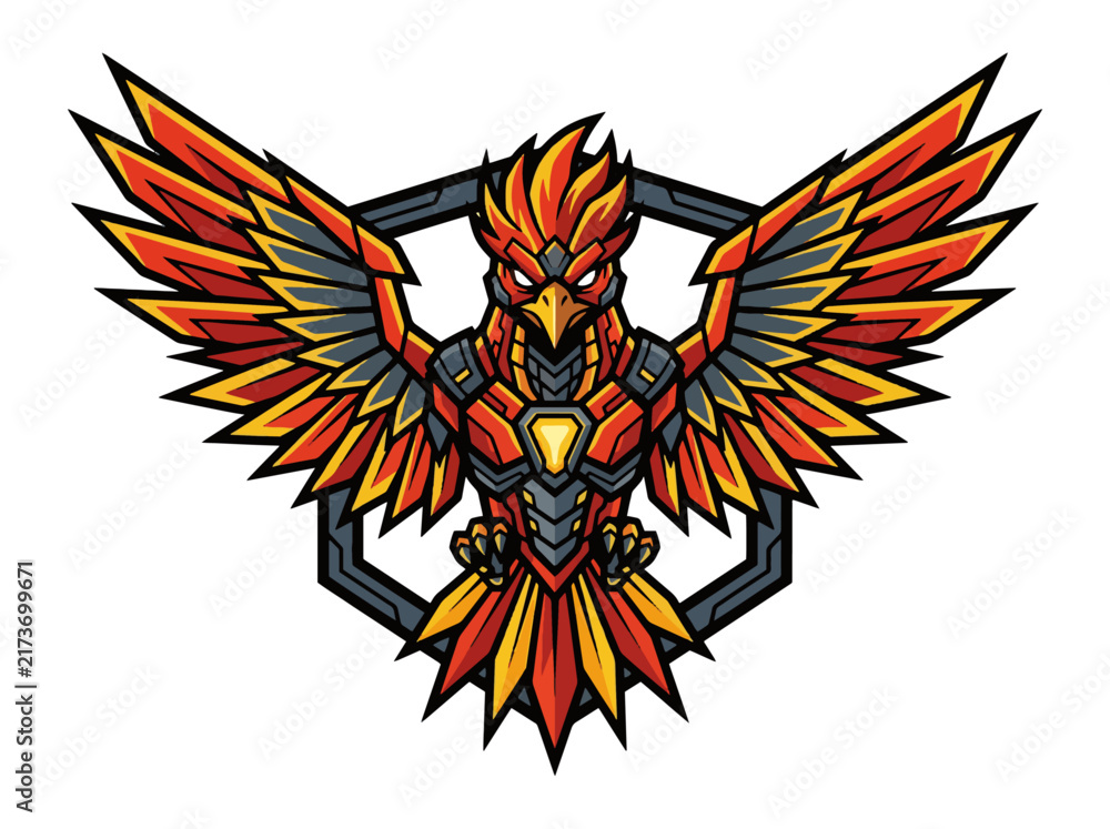 Fototapeta premium Cybernetic phoenix mascot logo design with mechanical wings and futuristic armor plating.
