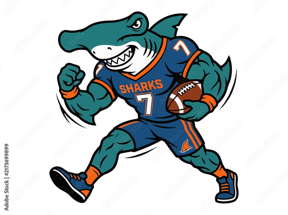 Obraz premium Hammerhead shark football mascot character running with a ball in a sports uniform.