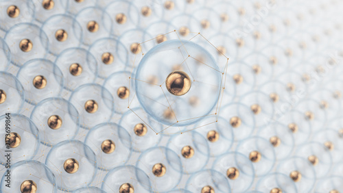 Selected gold nanoparticle inside enlarged glass dome with octagonal lattice, standing out
