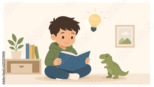 Cute Little Boy Reading a Storybook on the Floor with Toy Dinosaur in Cozy Children Room Flat Vector Illustration Design