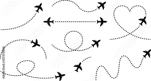 A collection of black airplane icons with various dotted flight paths, isolated on a white background, representing travel and navigation
