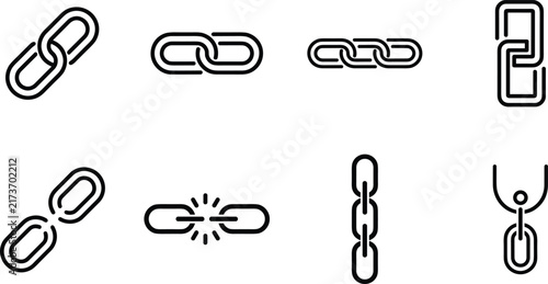 A collection of eight black chain link icons on a white background, representing connection, strength, security, and digital network links