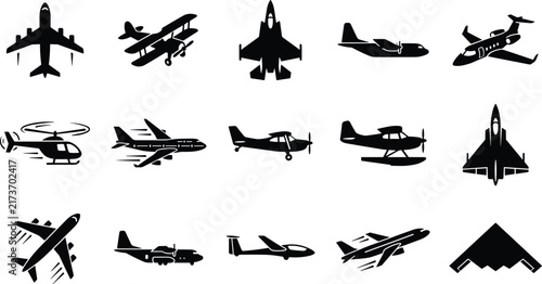 A collection of fifteen black silhouette icons representing various types of aircraft including jets, helicopters, and propeller planes