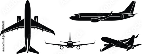 A collection of four black silhouettes of airplanes shown from different angles, isolated on a white background, for aviation
