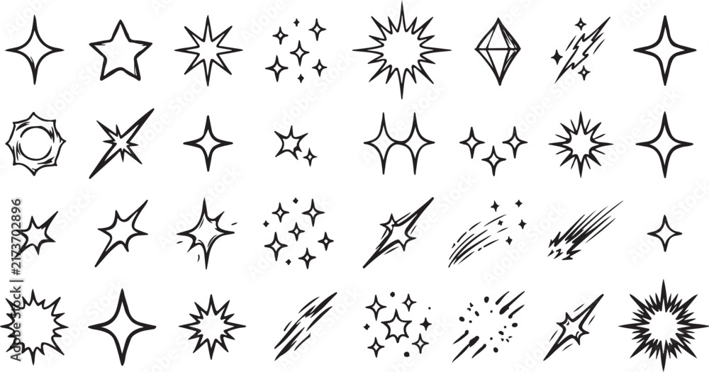 Fototapeta premium Set of various doodle star and sparkle shapes isolated on transparent background.