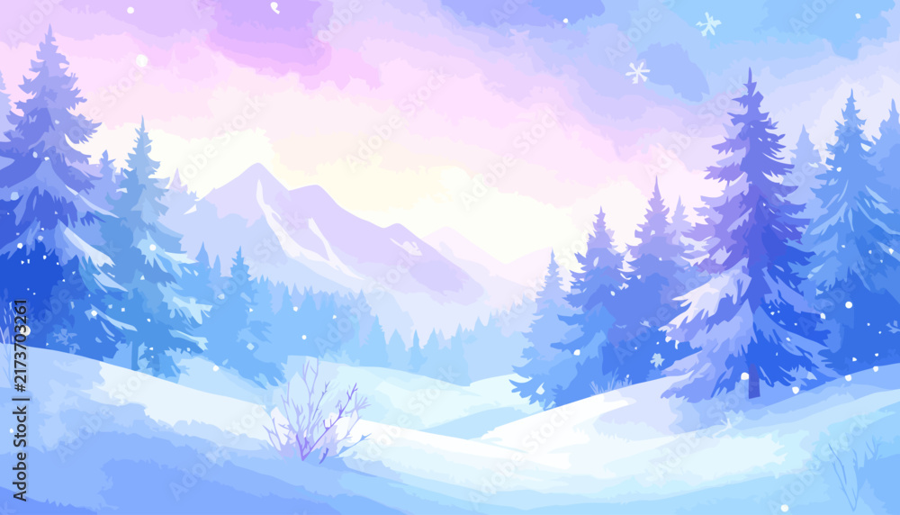 Fototapeta premium Winter Snowfall Landscape with Pine Trees and Mountains.