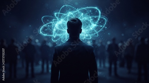 A silhouette of a man stands before a glowing, abstract network of interconnected blue lines, symbolizing human connection and knowledge.