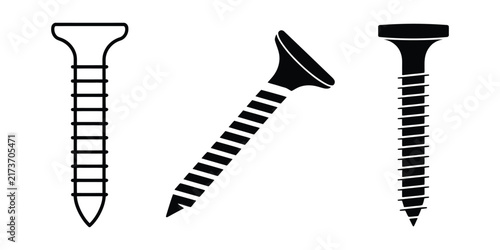 Screw icon featuring metal fastener, Phillips wood screw, construction hardware, and industrial fixing symbols in outline and silhouette styles