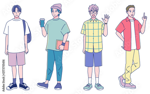 夏のファッション　元気な若い男子学生のセット