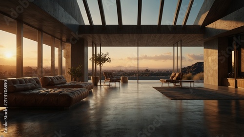 Living room with view of the city, digital art illustration - Generative AI