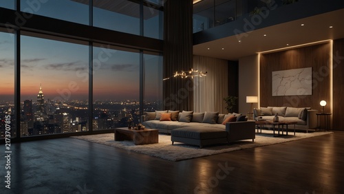 Modern design featuring living room with view of the city - Generative AI