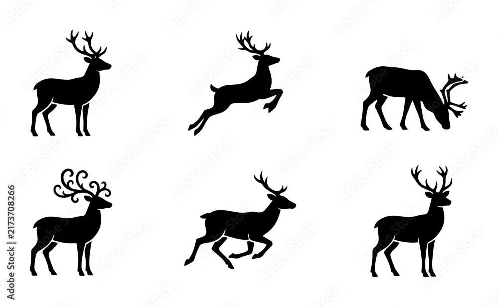 Fototapeta premium 70 Deer Silhouettes Collection, Majestic Antlered Wildlife Vector Icons, Forest Animal Poses, Elegant Stag Graphics 100