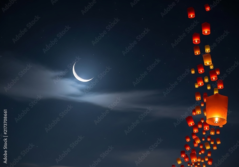 Fototapeta premium Moonlit sky with floating red lanterns