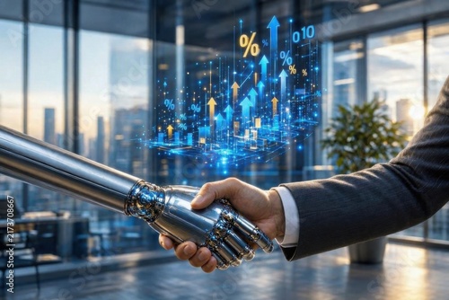 Robot hand shaking human businessman hand with glowing particles and ascending growth arrows symbolizing human-AI collaboration in modern office.