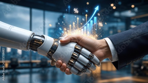 Robot hand shaking human businessman hand with glowing particles and ascending growth arrows symbolizing human-AI collaboration in modern office.