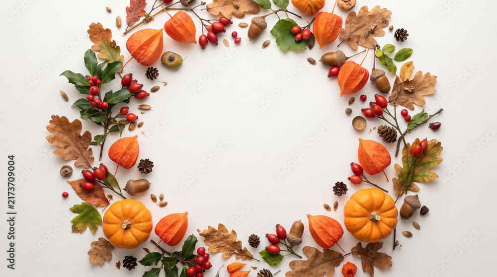 Obraz premium Autumn wreath frame with pumpkins, dried leaves, and berries on white background Decorative fall harvest wreath frame with seasonal autumn elements.