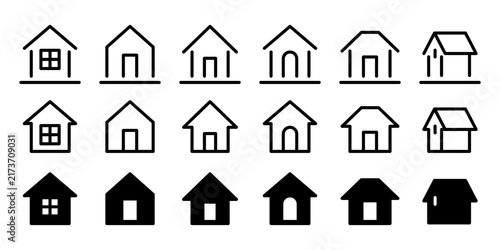 シンプルな家と住宅の線画、途切れた線、シルエットアイコンセット、ベクター素材