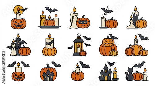 Halloween pumpkins ghosts bats and candles illustration.