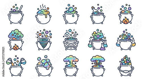 Colorful Cauldron Collection with Magic and Potion Elements.