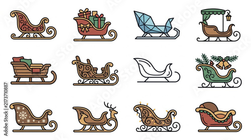 Colorful Christmas Sleigh Collection Flat Vector Design.