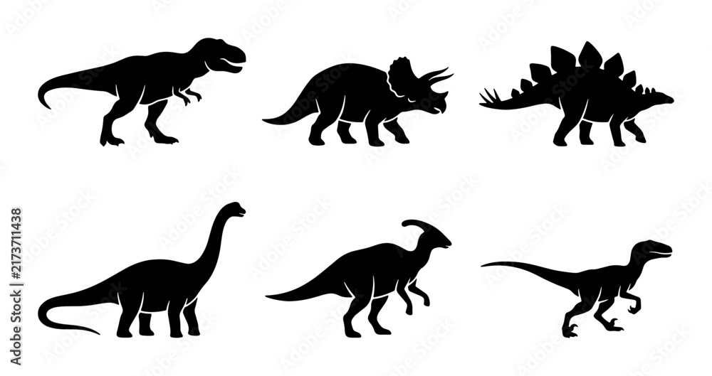 Obraz premium Dinosaur Silhouettes Set, Prehistoric Reptile Icons, Jurassic Era Vector Graphics, Ancient Creature Collection