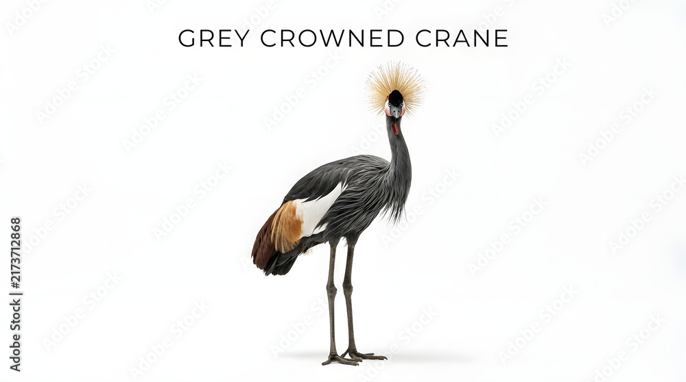Naklejka premium A grey crowned crane standing tall with its distinctive golden crown and long legs. The bird has a grey body with white and brown accents