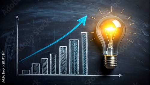 Glowing light bulb beside an ascending bar chart and blue growth arrow on a chalkboard, representing innovation, business development, productivity, investment growth, and success.