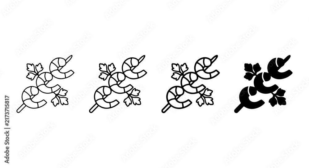 Fototapeta premium Shrimp Skewers, Seafood Appetizer Icons, Grilled Prawn Vector Set, Culinary Food Graphics