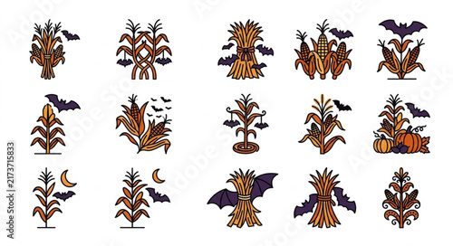 Colorful Halloween Corn and Bat Illustrations Set.