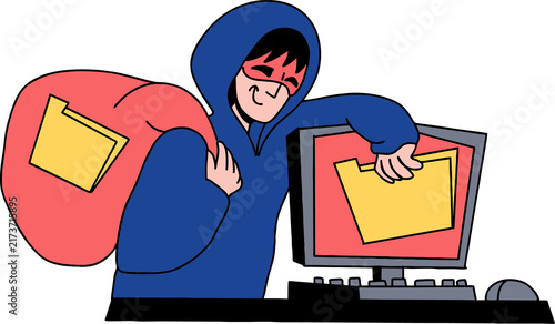 Quadro su tela Hooded hacker stealing data folders into loot bag from computer, data breach and